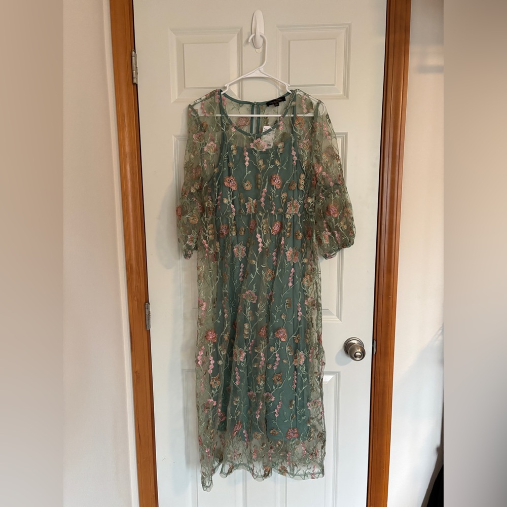 Suzanne Betro Arcadia Green Floral-Embellished Empire-Waist Midi Dress